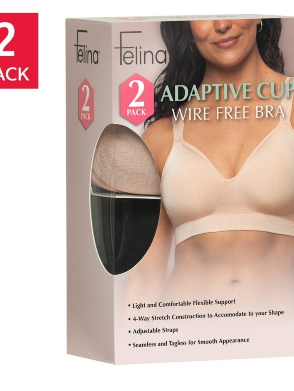 NWT Felina 2-Pack Adaptive Cup Wire Free Bra Set Black & Nude Size Large